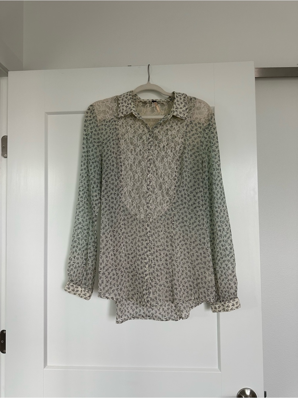 Free People Lace-Front Floral Button-Up Blouse - White & Sage